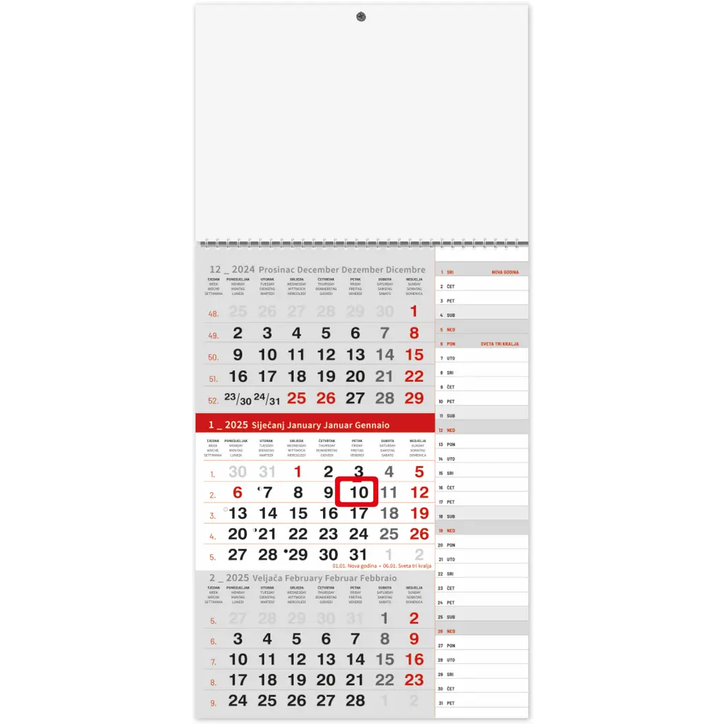 Kalendar zidni 3-djelni planer sivo-crveni 2024