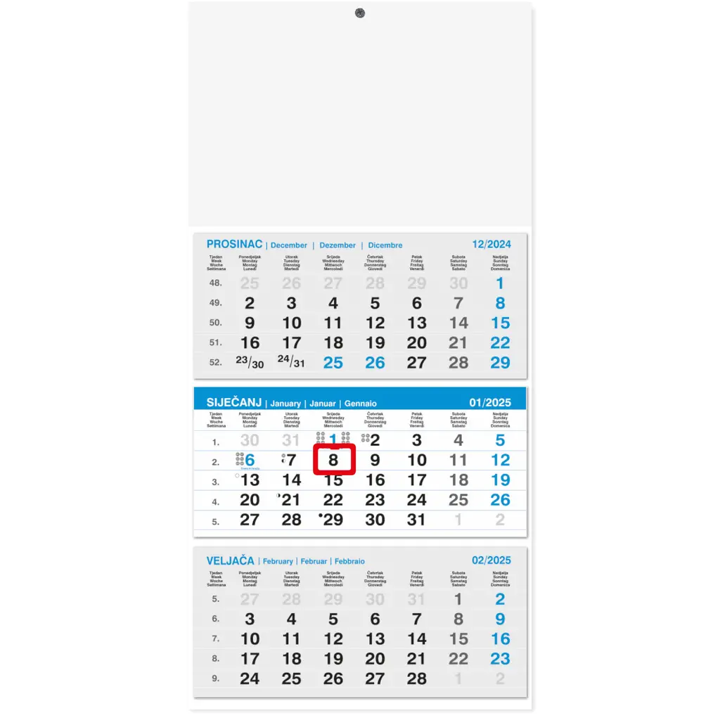 Kalendar zidni 3-djelni poslovni ljepljen plavo-sivi 2024