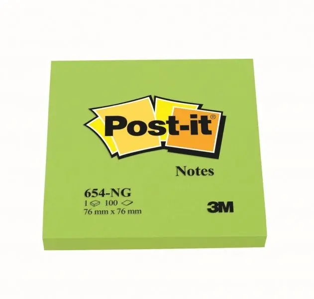 Blok samoljepljivi 76x76mm 100 listova Post-it 3M 654NG neon zeleni