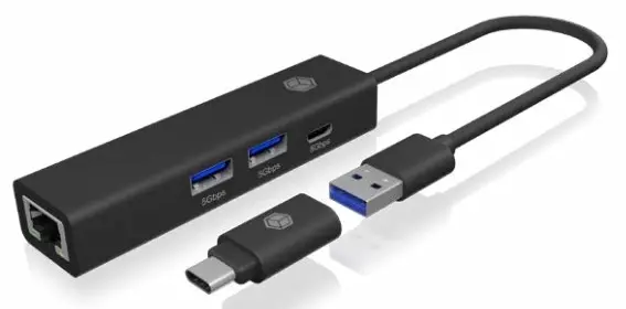 Adapter USB-A 3.0 / USB-C na Gigabit Ethernet 2x USB-A 3.2 1x USB-C - ICY BOX